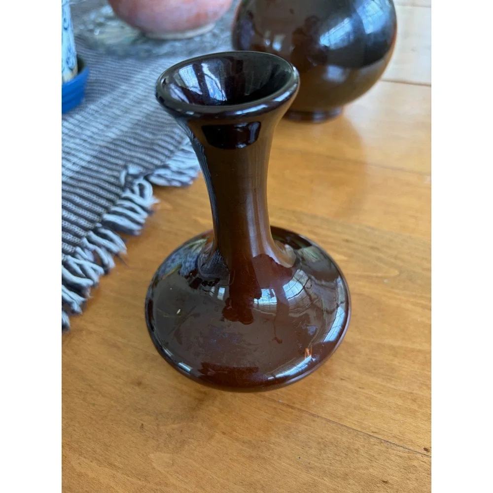 Vintage Brown Glazed Ceramic Bud Vase Hand‎ Painted Green Leaf Detail Flared Rim